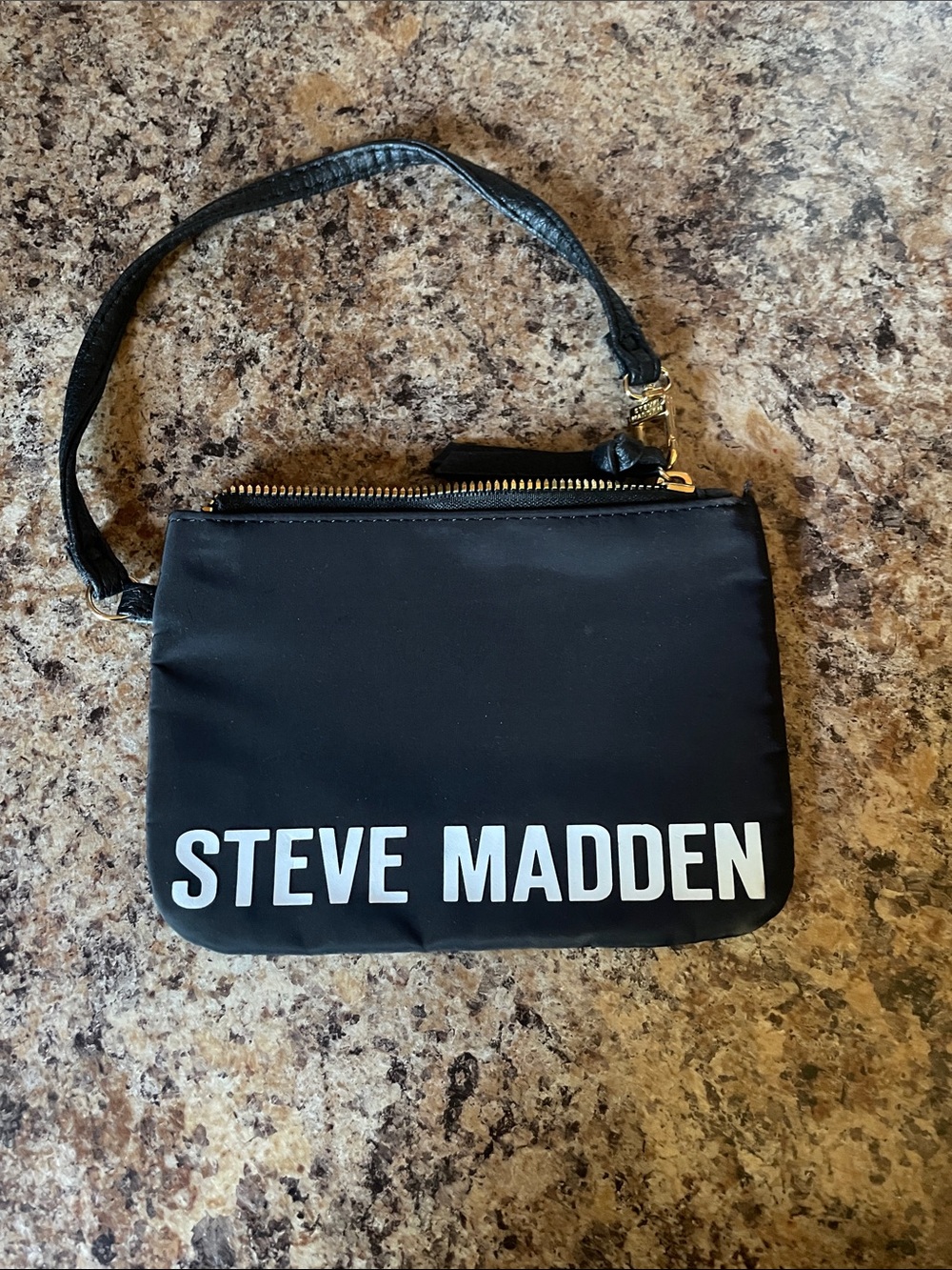 Steve Madden Black Logo Wristlet Pouch with Gold Hardware